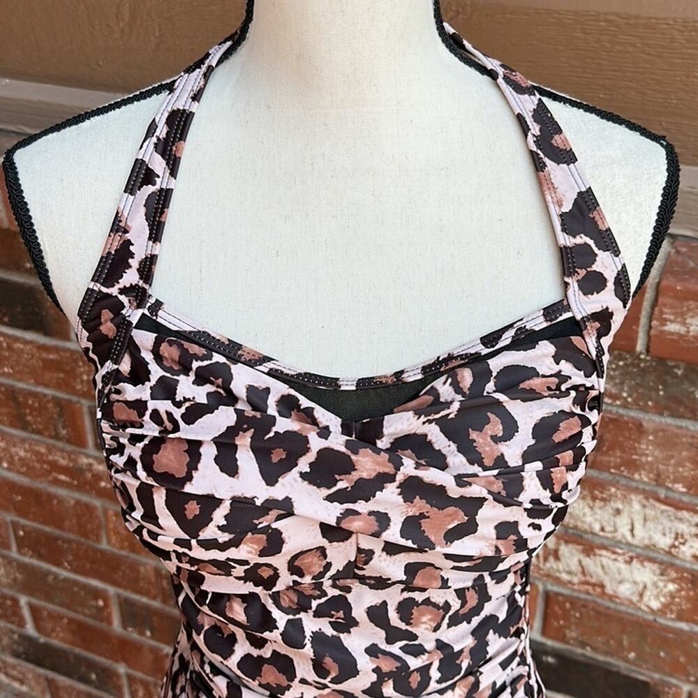 Aqua Eve Leopard Print Halter One Piece Swimsuit Tummy Control Women's Large - Picture 2 of 5